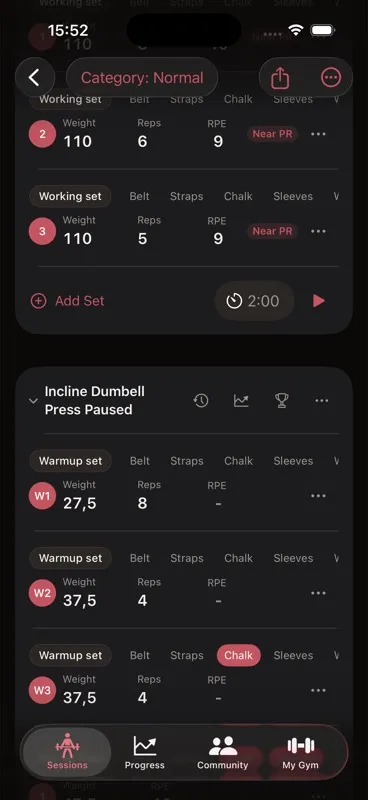 Callus workout screen with Near PR badges next to two working sets at 110 kilograms